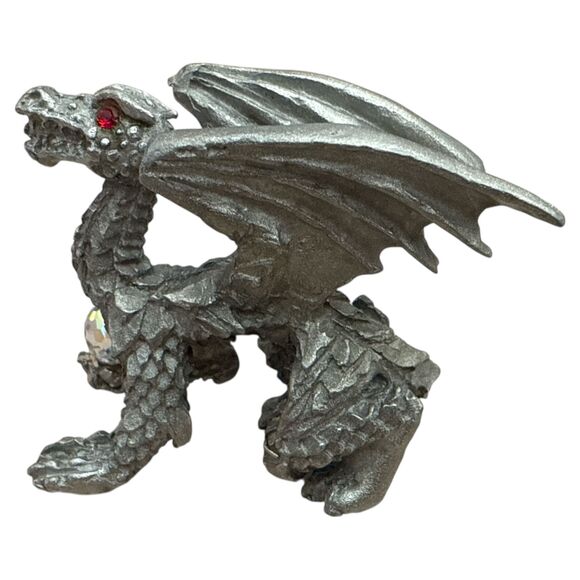 Vintage Pewter Dragon Figurine D167 Red Rhinestone Eyes Crystal Orb Fantasy - Picture 5 of 8